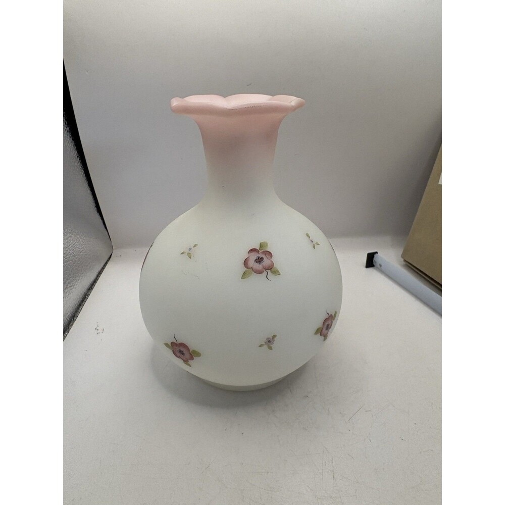 Fenton Berries and Blossom Frosted Hand Painted Vase Signed By Valory G 7” Tall